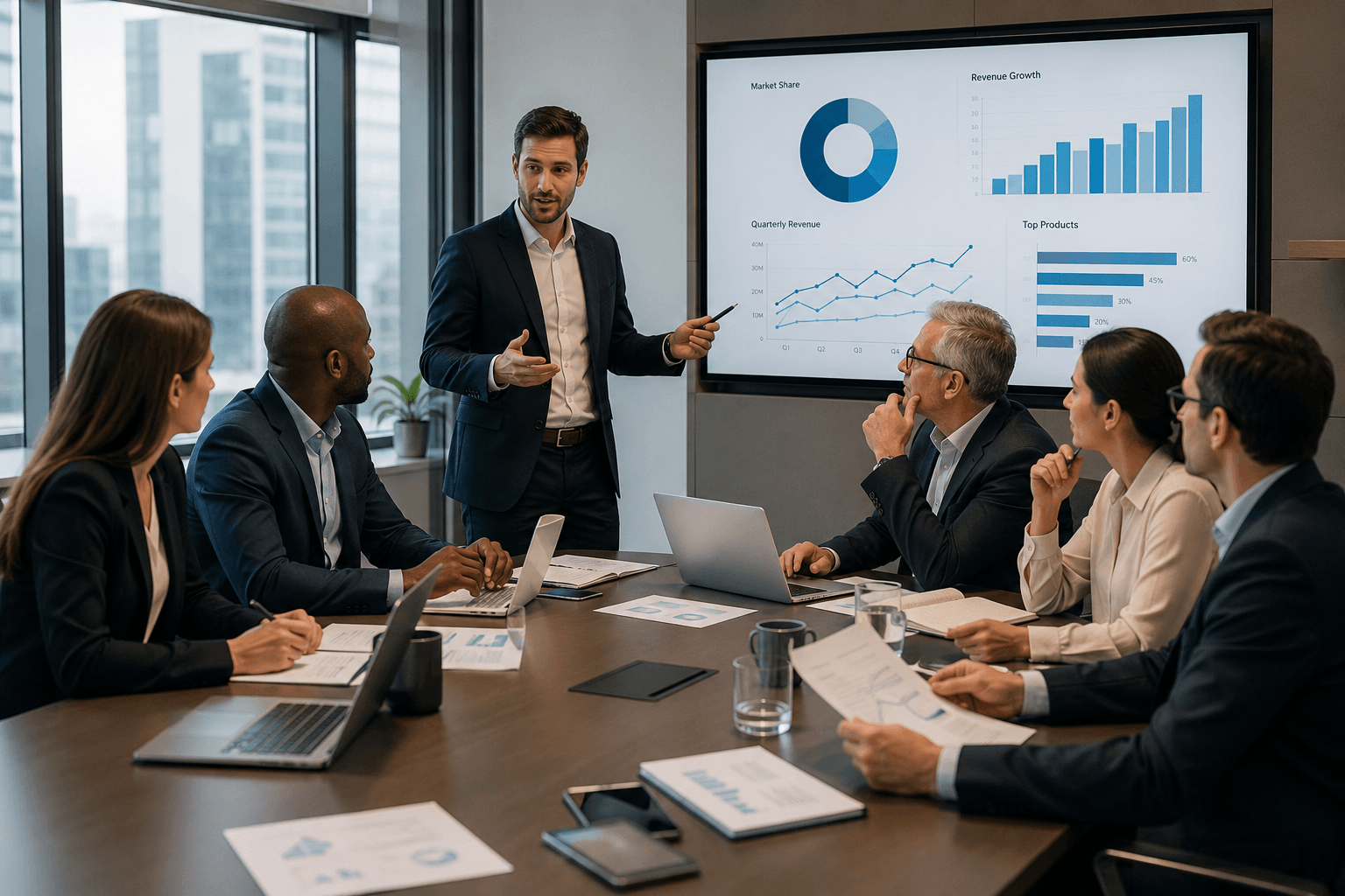 A sales consultant presents data to a group of executives in a modern boardroom as stakeholders review documents, laptops, and charts together, representing a collaborative high-stakes B2B buying decision.
